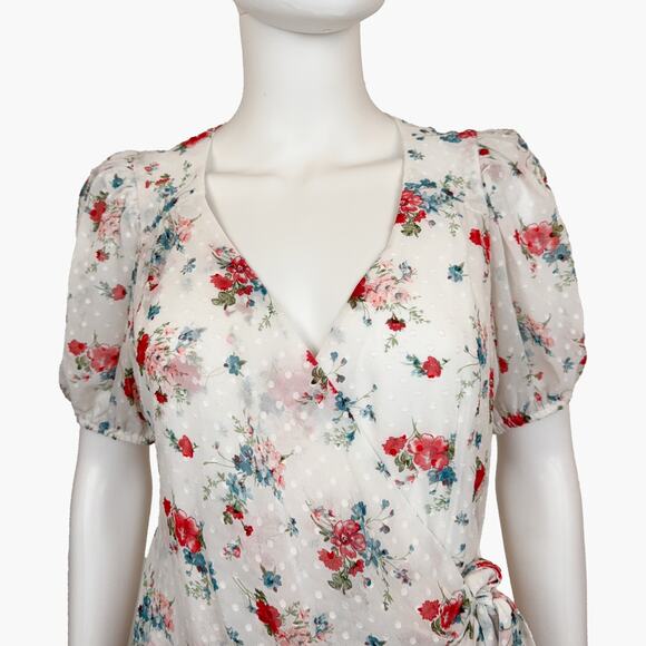 NWT COLLECTIVE CONCEPTS Sheer Floral V-Neck Wrap Mini Dress (White | Size S) - Picture 7 of 14